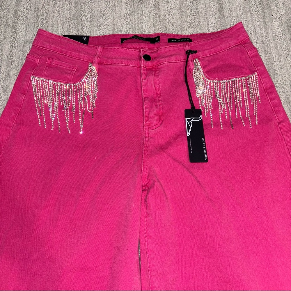 NWT Lucky & Blessed Wide Leg Crop Fit Jeans Pink Rhinestone Boho Women’s Sz 18 - Picture 3 of 7